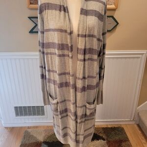 Long lightweight light gray and dark gray stripe sweater